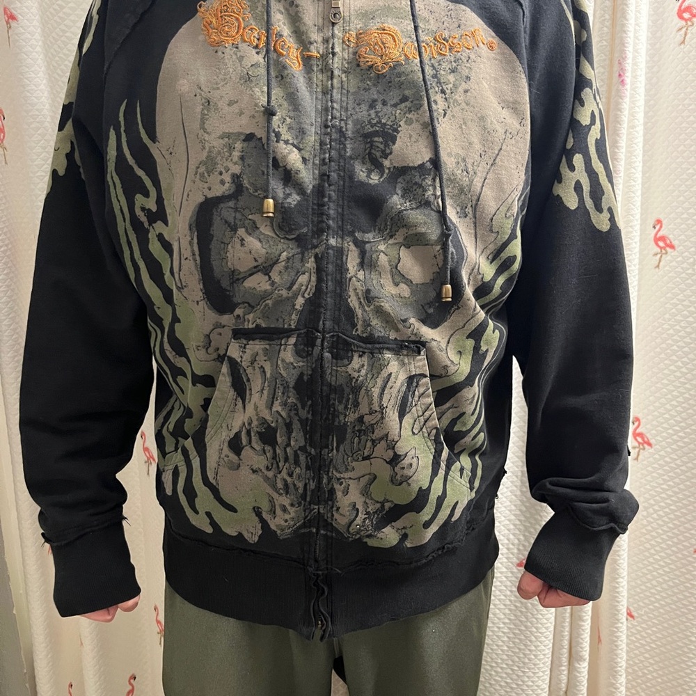 Harley Davidson Ink Black and Tan with Green Skull Hoodie